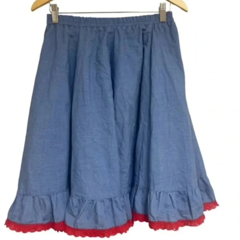 Homemade Vtg 90s Skirt Cotton Blue Midi Prairie Cottagecore Fairy Raggedy Ann